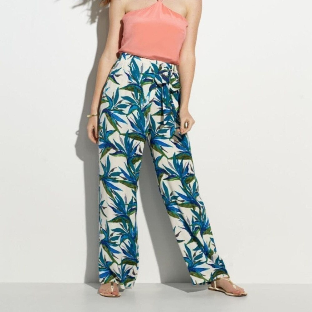 Ella Moss Women's High Rise Tie Waistband Leaf Print Wide Leg Pants Size L Cream